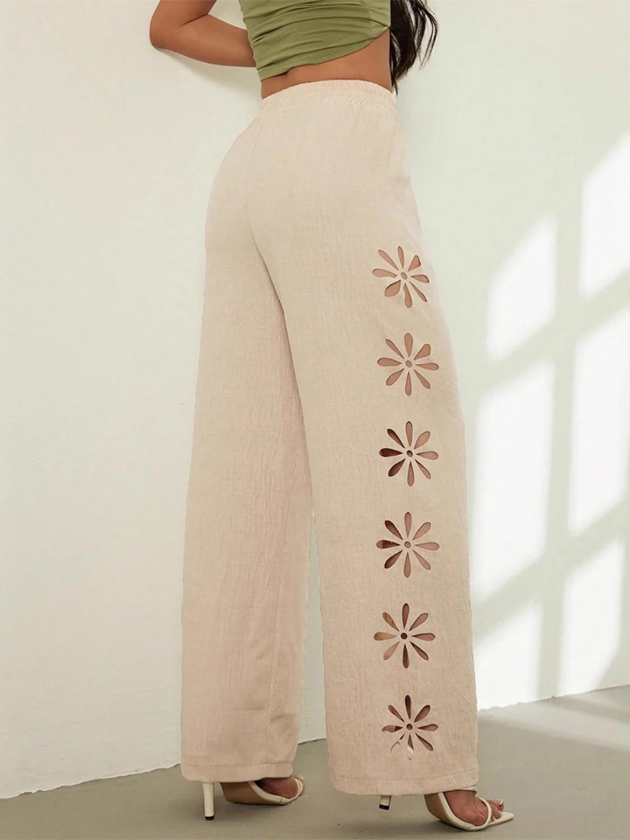 Minimalist Style Drawstring Hollow-out Solid Color Loose Wide-leg Trousers - Image 2