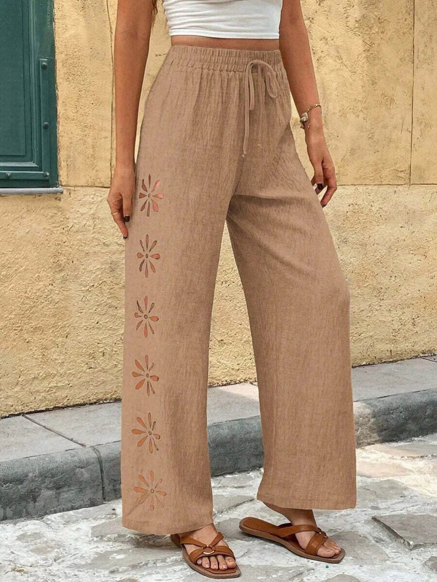 Minimalist Style Drawstring Hollow-out Solid Color Loose Wide-leg Trousers - Image 24