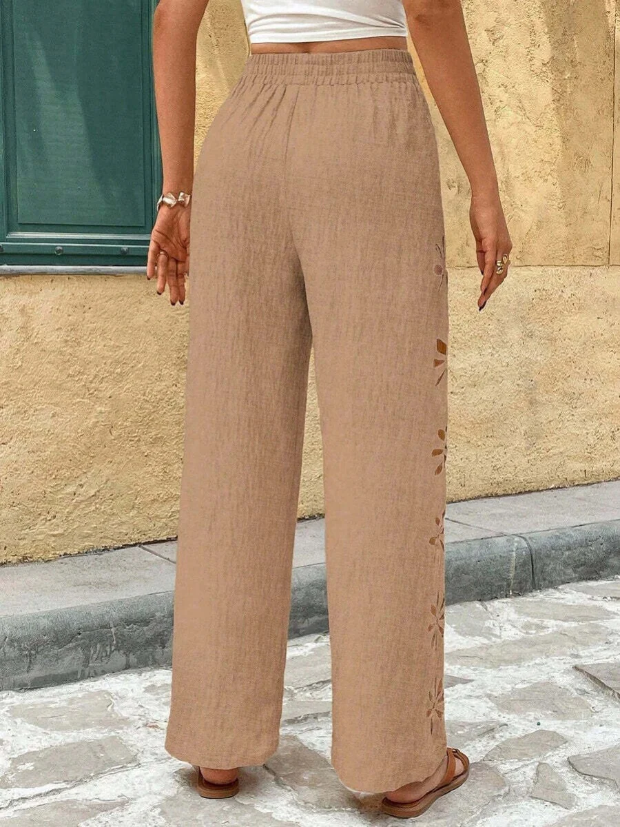 Minimalist Style Drawstring Hollow-out Solid Color Loose Wide-leg Trousers - Image 27
