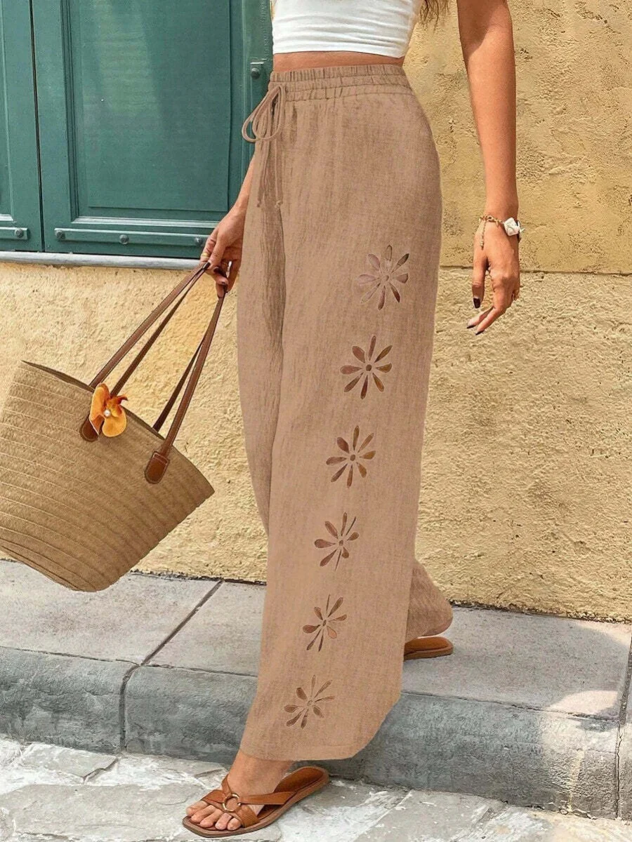 Minimalist Style Drawstring Hollow-out Solid Color Loose Wide-leg Trousers - Image 29