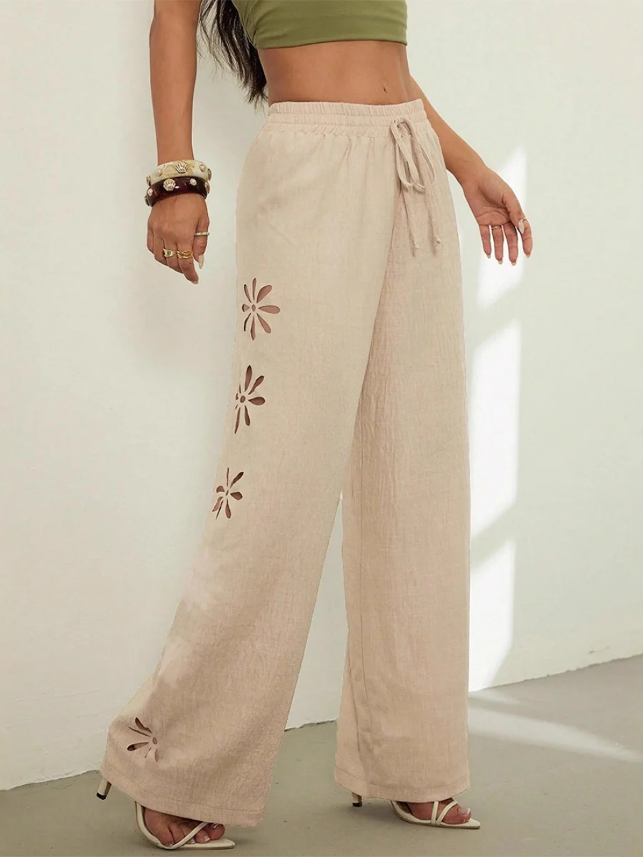 Minimalist Style Drawstring Hollow-out Solid Color Loose Wide-leg Trousers - Image 3