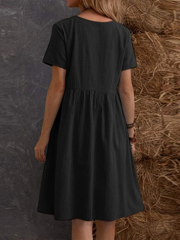 Retro Loose-fitting Pocket Solid Color Round Neck Cotton Linen Short Dress - Image 10