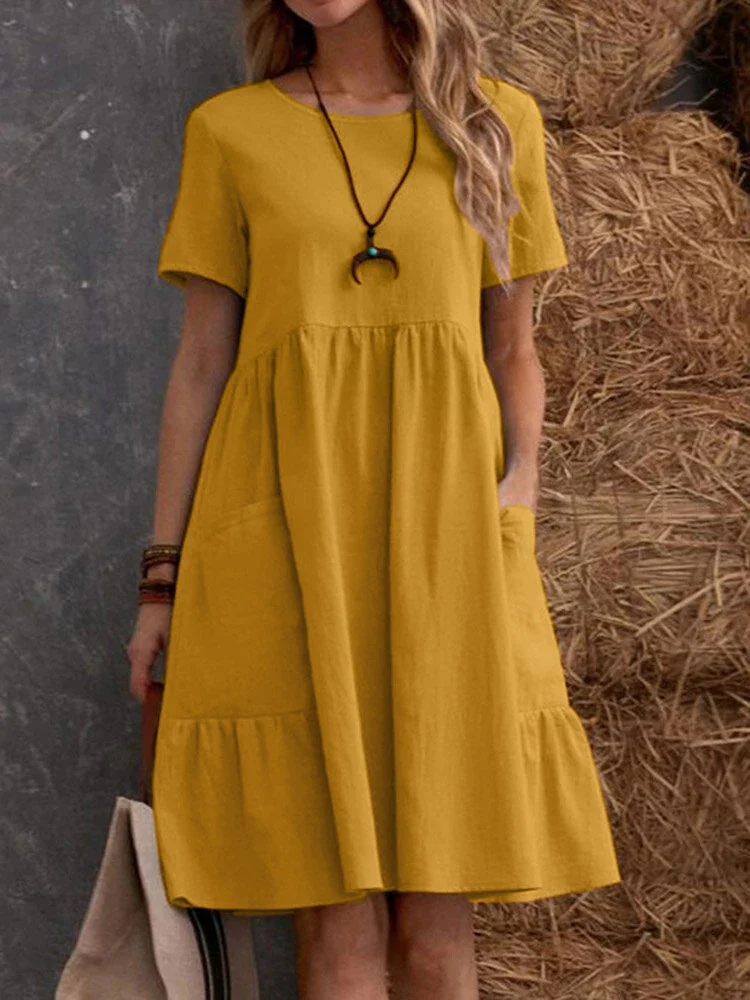 Retro Loose-fitting Pocket Solid Color Round Neck Cotton Linen Short Dress - Image 11