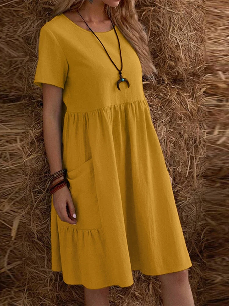 Retro Loose-fitting Pocket Solid Color Round Neck Cotton Linen Short Dress - Image 12