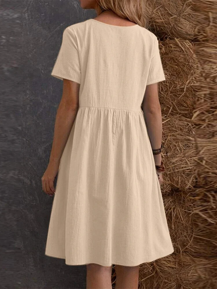 Retro Loose-fitting Pocket Solid Color Round Neck Cotton Linen Short Dress - Image 2