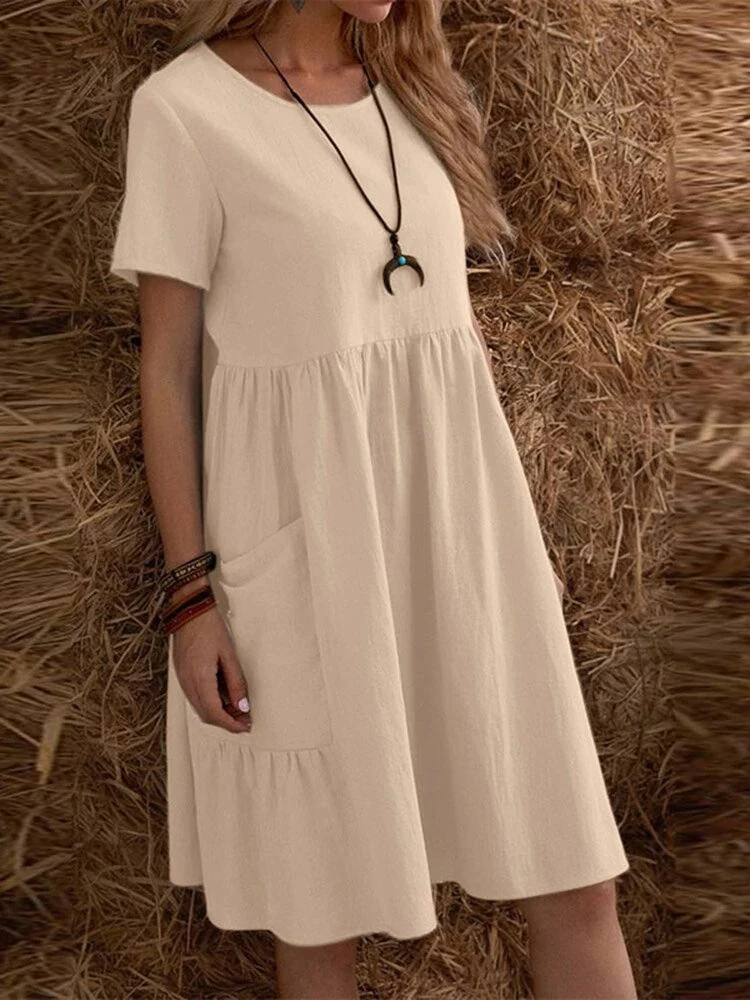 Retro Loose-fitting Pocket Solid Color Round Neck Cotton Linen Short Dress - Image 3