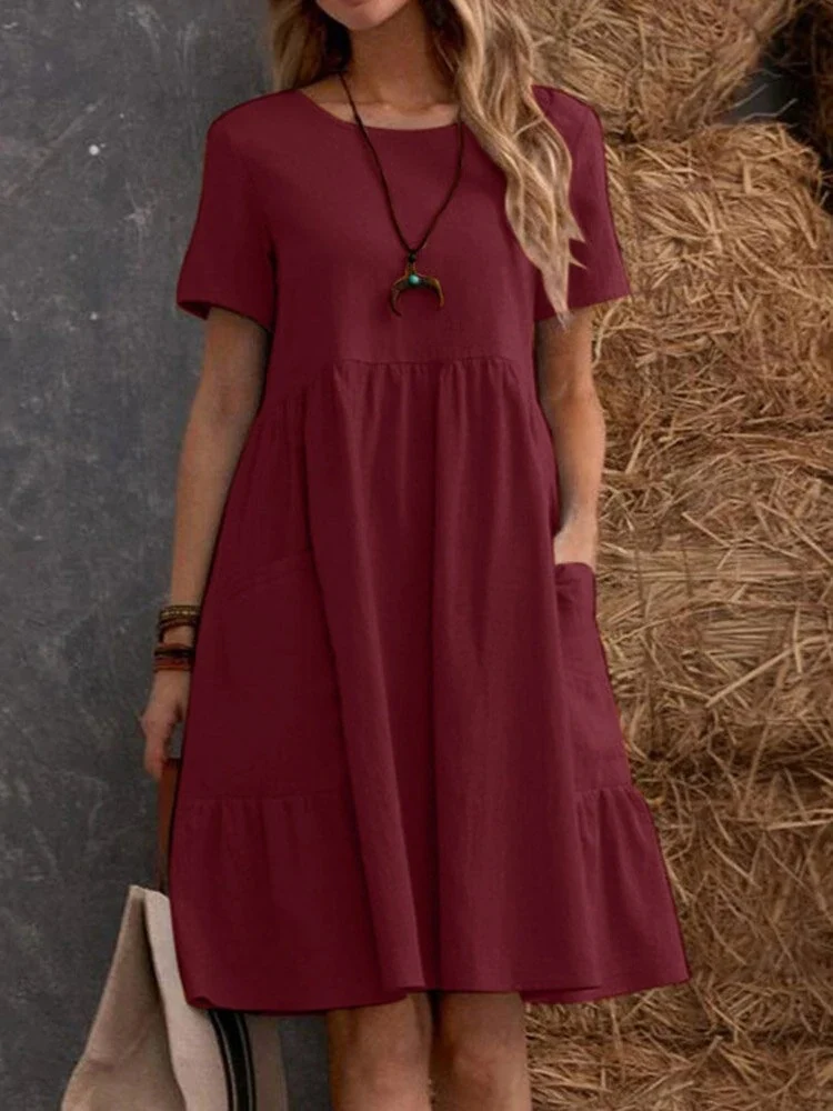 Retro Loose-fitting Pocket Solid Color Round Neck Cotton Linen Short Dress - Image 4