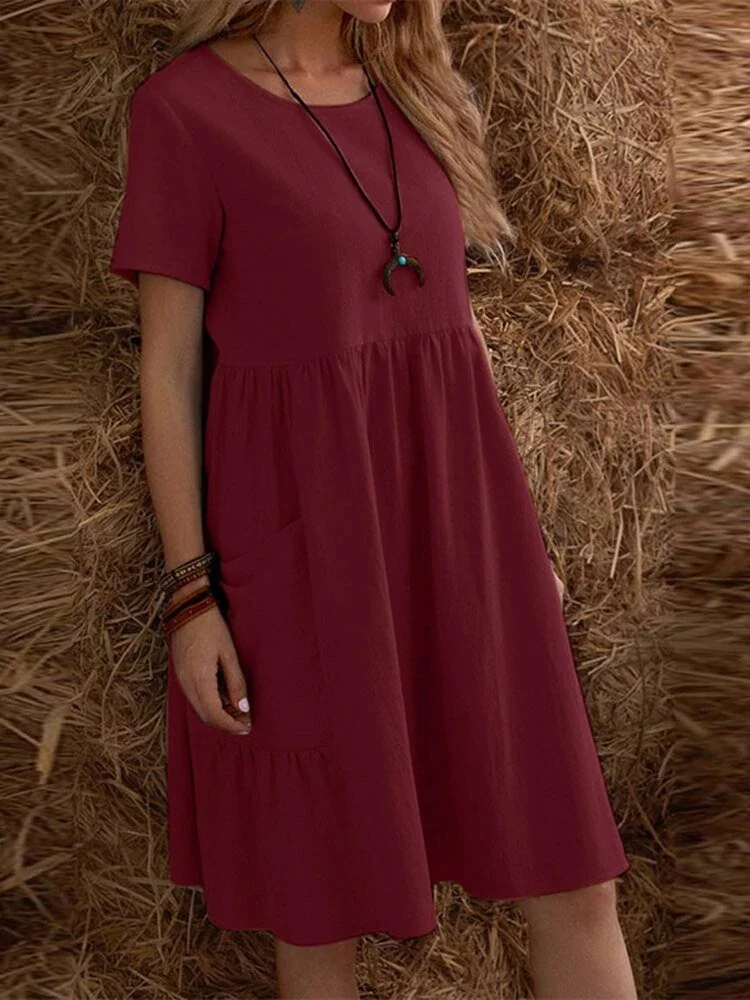 Retro Loose-fitting Pocket Solid Color Round Neck Cotton Linen Short Dress - Image 5