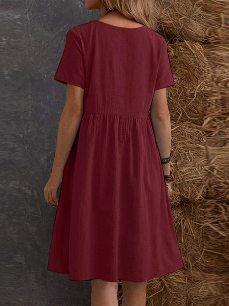 Retro Loose-fitting Pocket Solid Color Round Neck Cotton Linen Short Dress - Image 6