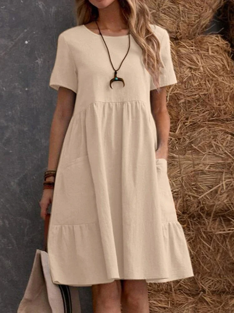 Retro Loose-fitting Pocket Solid Color Round Neck Cotton Linen Short Dress - Image 7
