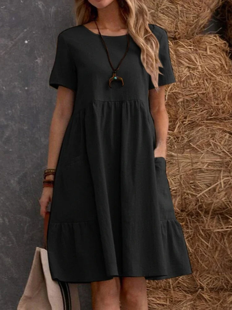 Retro Loose-fitting Pocket Solid Color Round Neck Cotton Linen Short Dress - Image 8