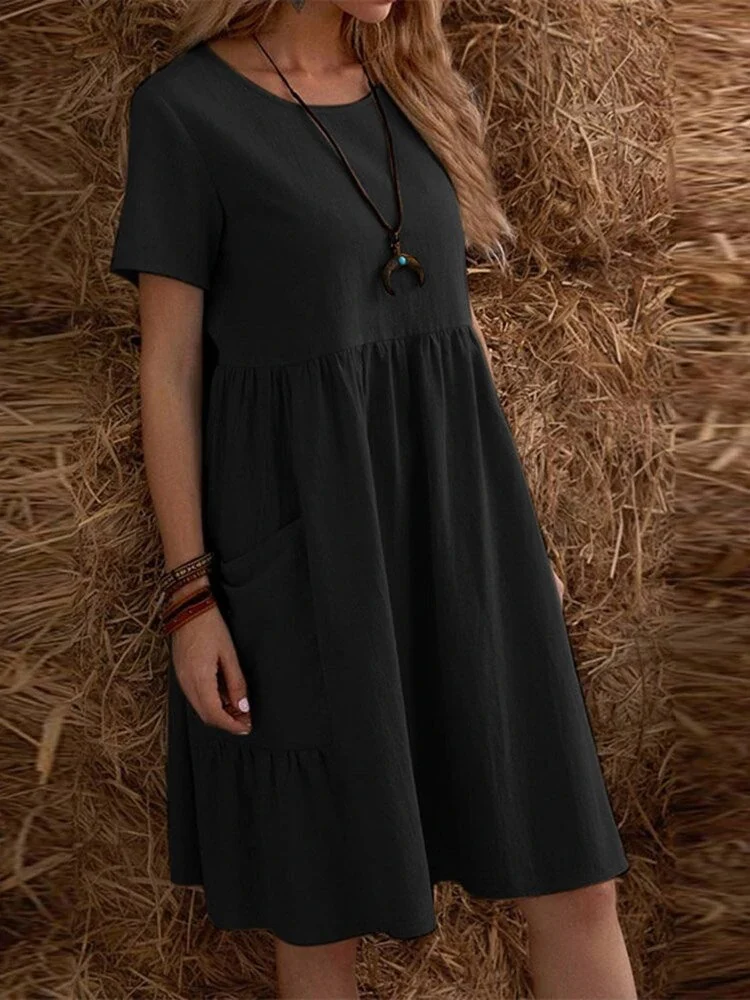Retro Loose-fitting Pocket Solid Color Round Neck Cotton Linen Short Dress - Image 9
