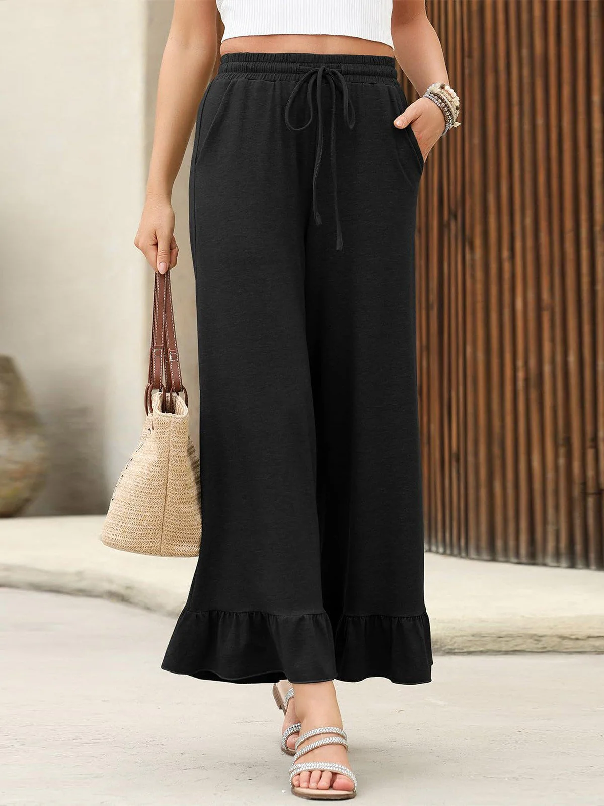 Women's Cropped Trousers With Ruffles, Thin, Loose-fitting, Casual Style - Image 7