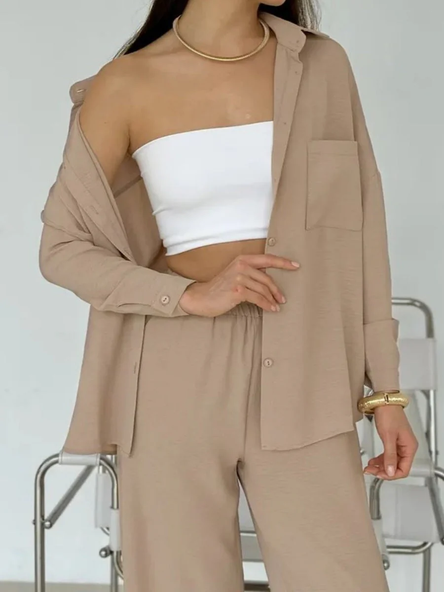 Solid Color Cardigan With Pockets, Casual Wide-leg Trousers 2-piece Sets - Image 10