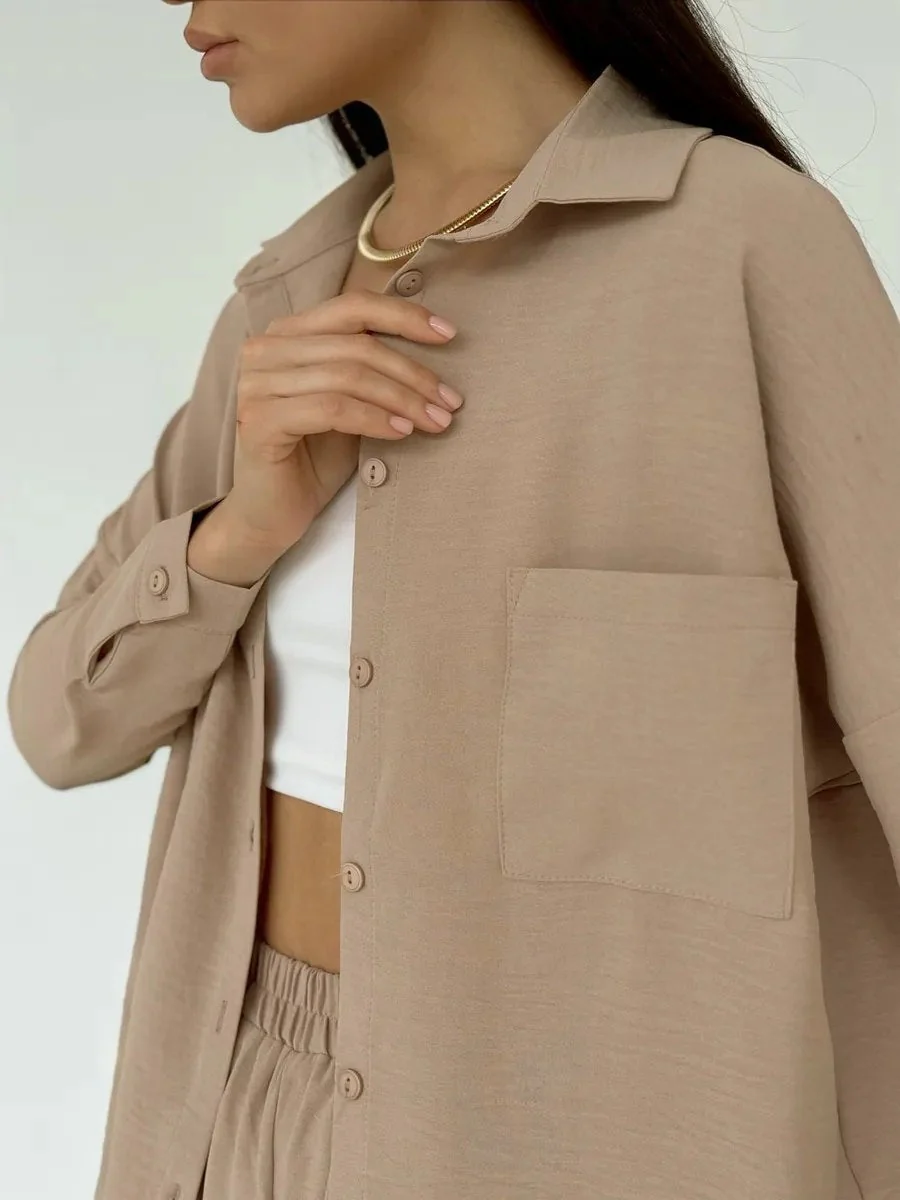 Solid Color Cardigan With Pockets, Casual Wide-leg Trousers 2-piece Sets - Image 11