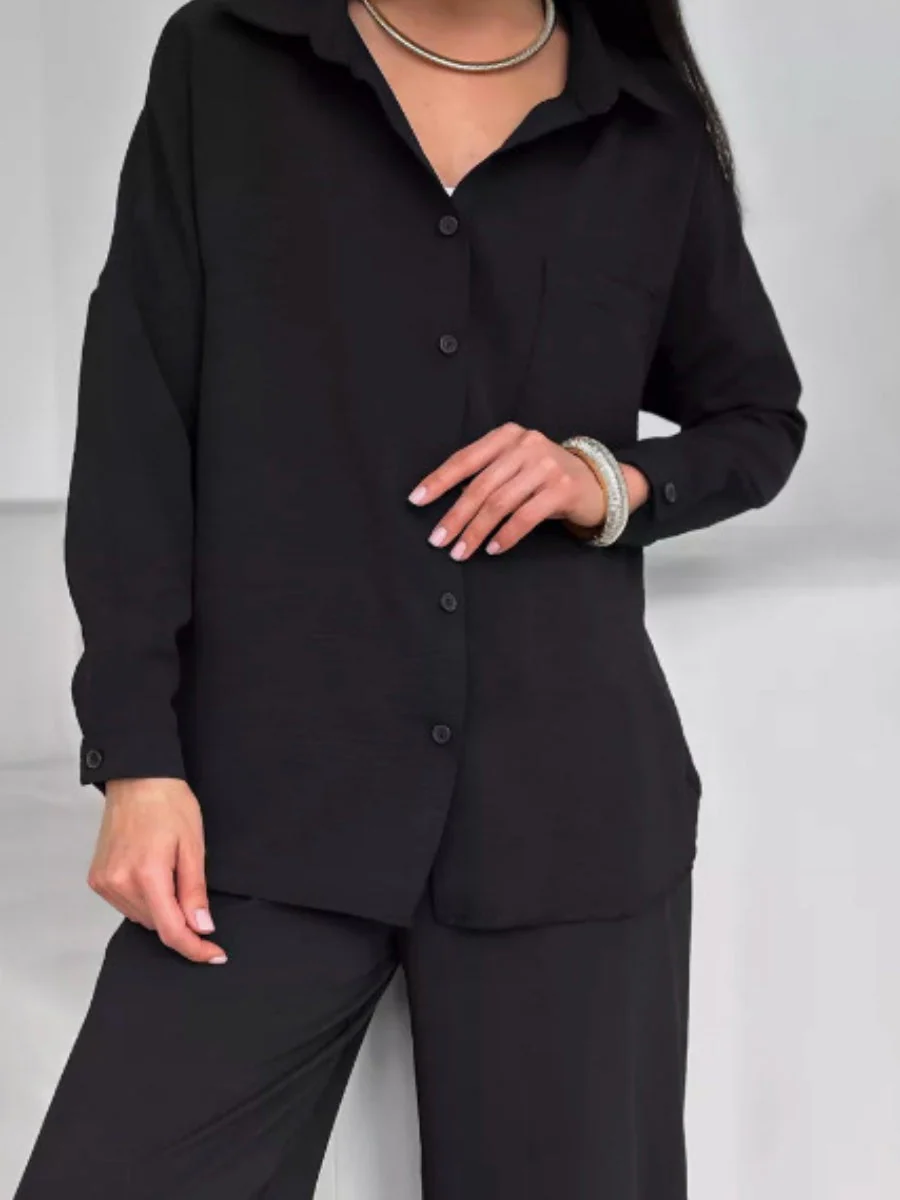 Solid Color Cardigan With Pockets, Casual Wide-leg Trousers 2-piece Sets - Image 12