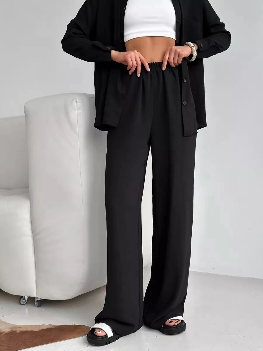 Solid Color Cardigan With Pockets, Casual Wide-leg Trousers 2-piece Sets - Image 15