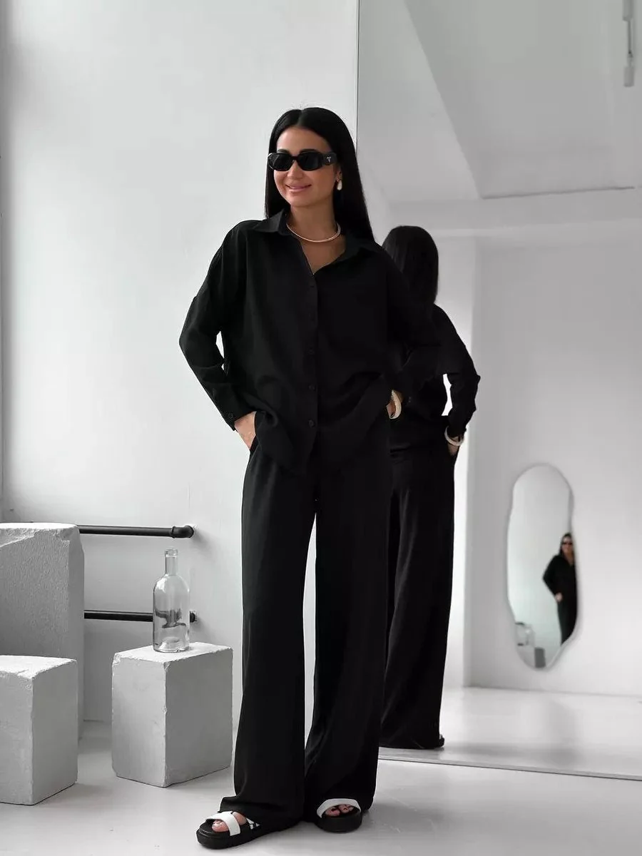 Solid Color Cardigan With Pockets, Casual Wide-leg Trousers 2-piece Sets - Image 16