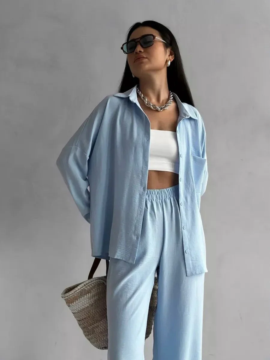 Solid Color Cardigan With Pockets, Casual Wide-leg Trousers 2-piece Sets - Image 3