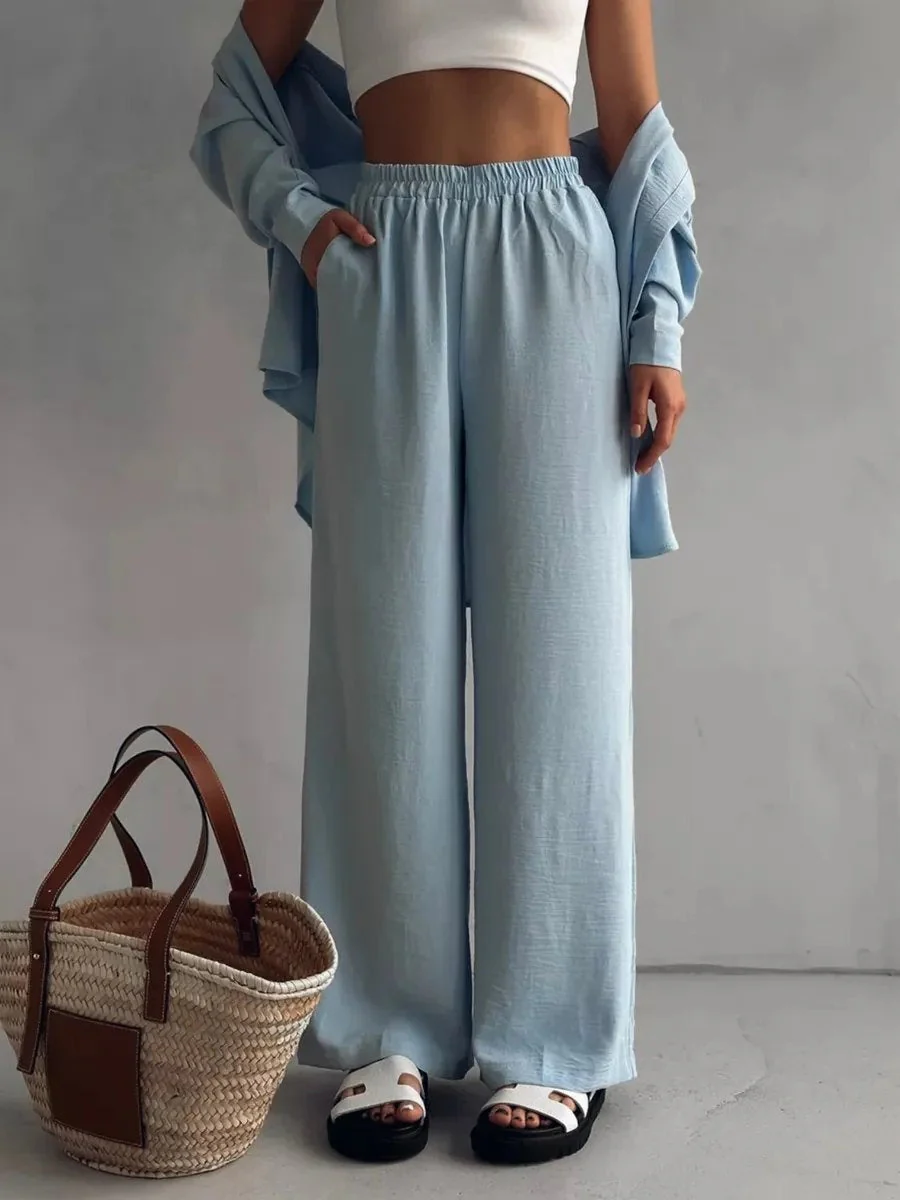 Solid Color Cardigan With Pockets, Casual Wide-leg Trousers 2-piece Sets - Image 4