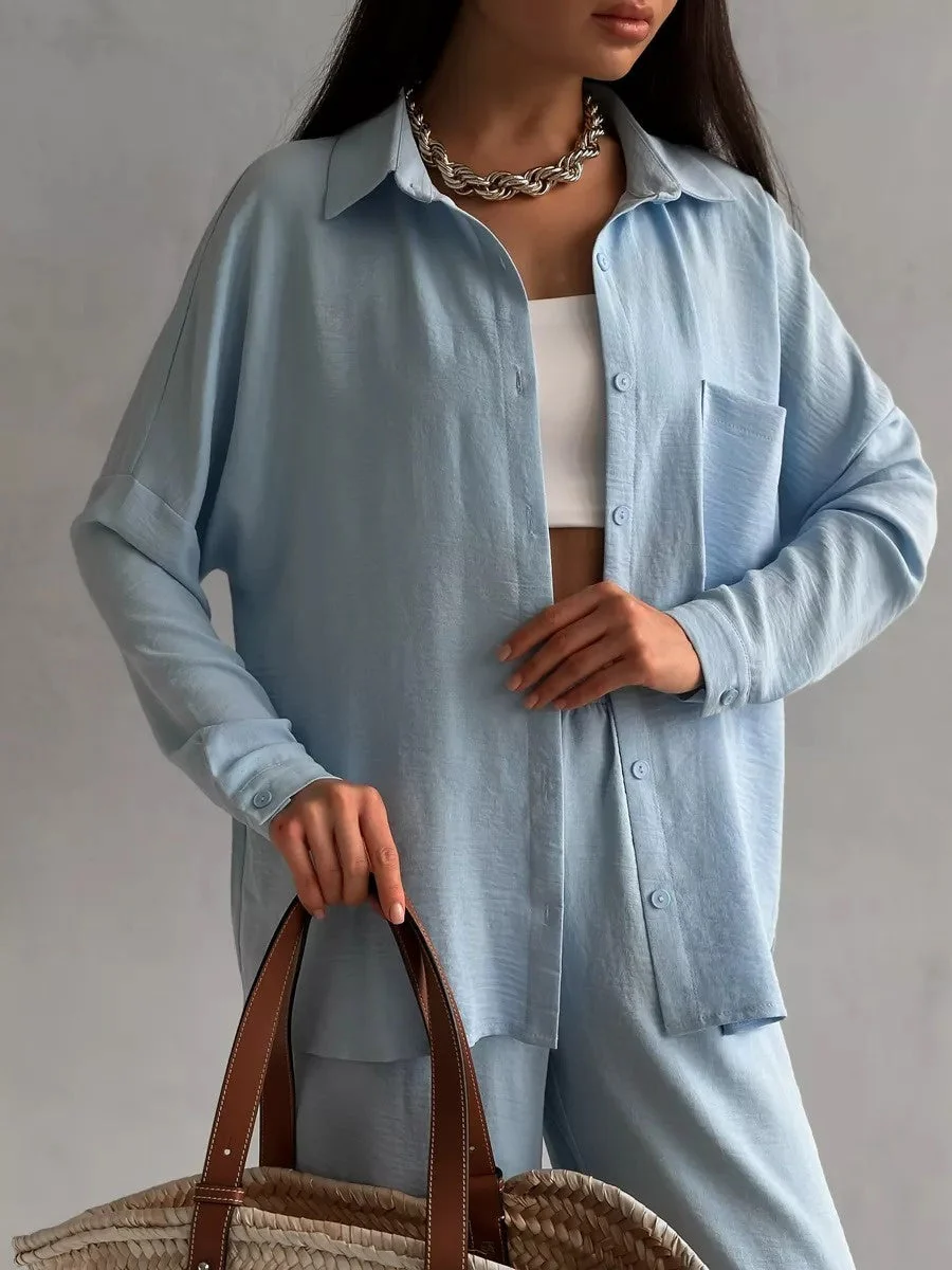 Solid Color Cardigan With Pockets, Casual Wide-leg Trousers 2-piece Sets - Image 5