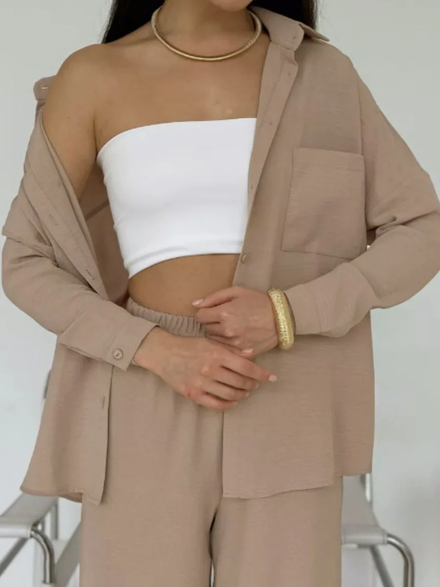 Solid Color Cardigan With Pockets, Casual Wide-leg Trousers 2-piece Sets - Image 7