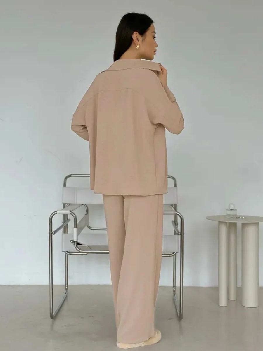 Solid Color Cardigan With Pockets, Casual Wide-leg Trousers 2-piece Sets - Image 8