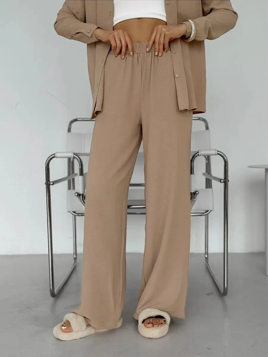 Solid Color Cardigan With Pockets, Casual Wide-leg Trousers 2-piece Sets - Image 9