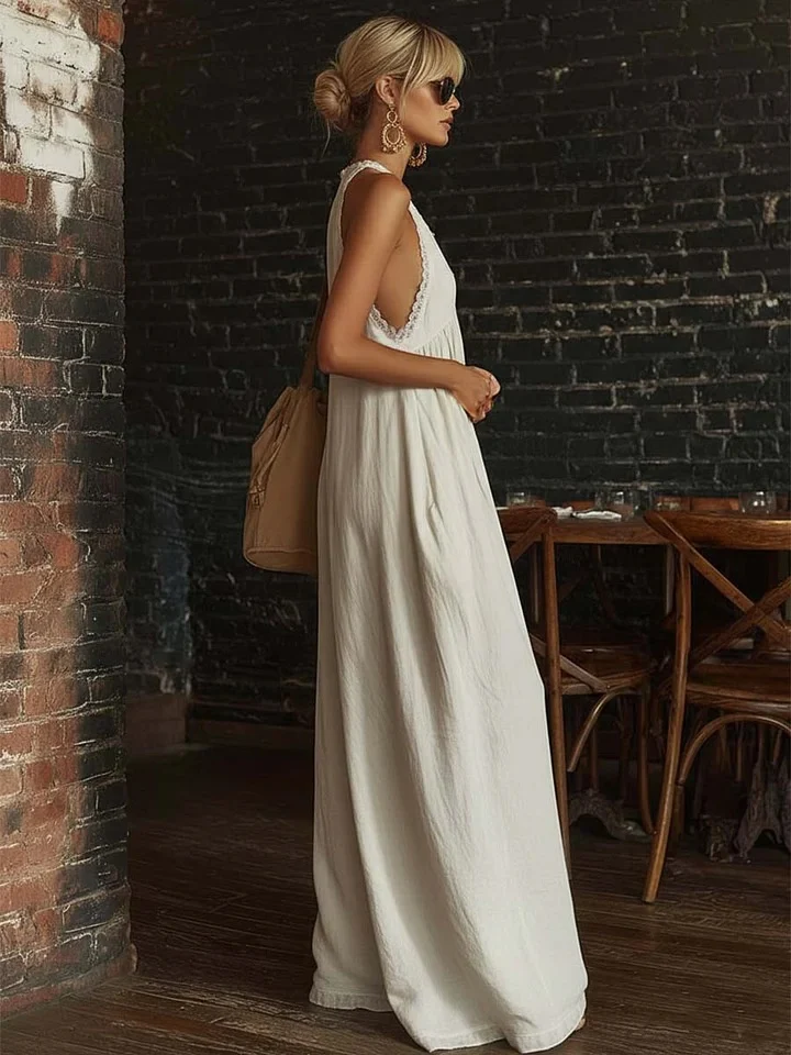 Elegant And Comfortable Lace-trimmed Loose Linen Jumpsuit - Image 3
