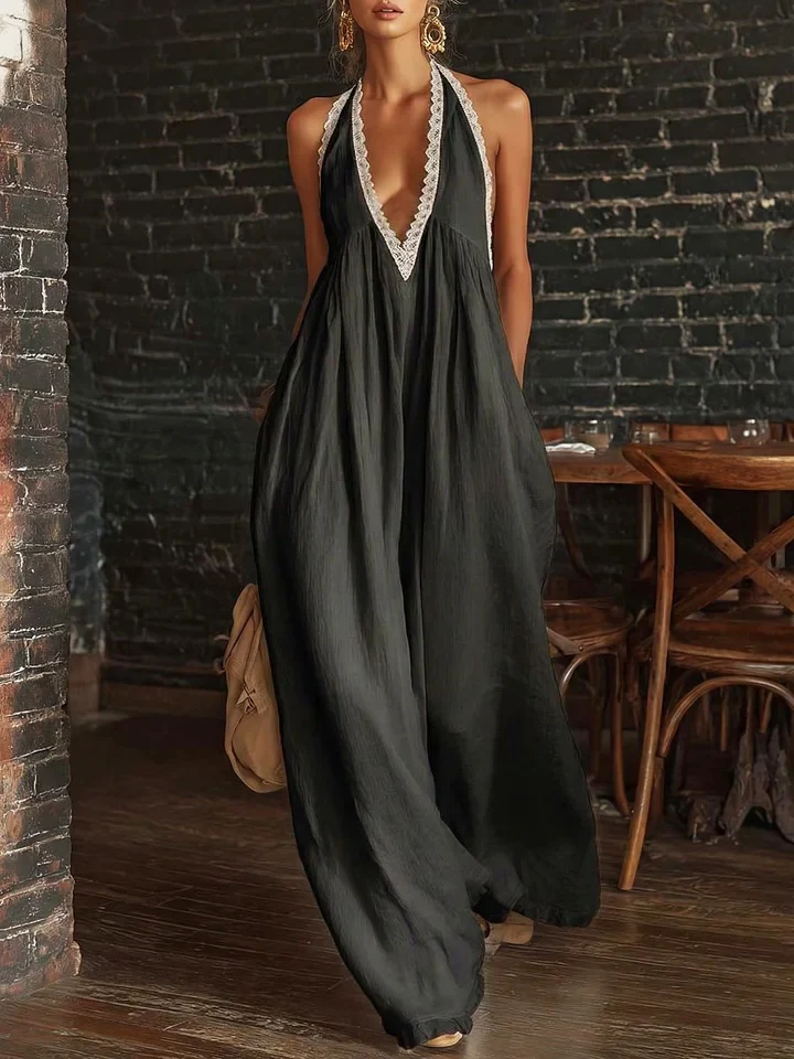 Elegant And Comfortable Lace-trimmed Loose Linen Jumpsuit - Image 4