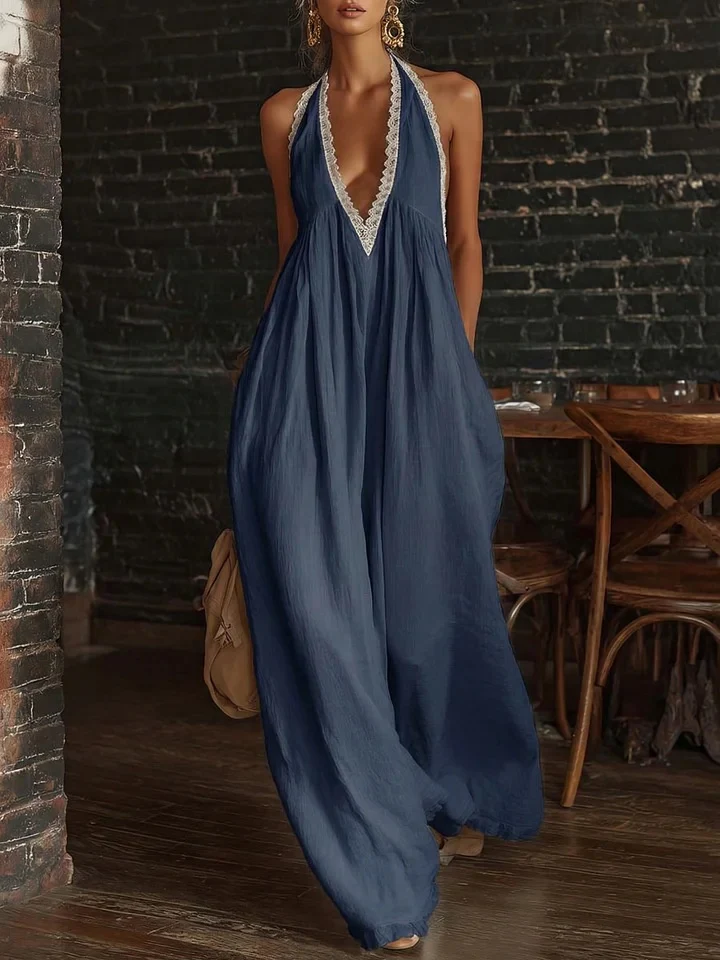 Elegant And Comfortable Lace-trimmed Loose Linen Jumpsuit - Image 5