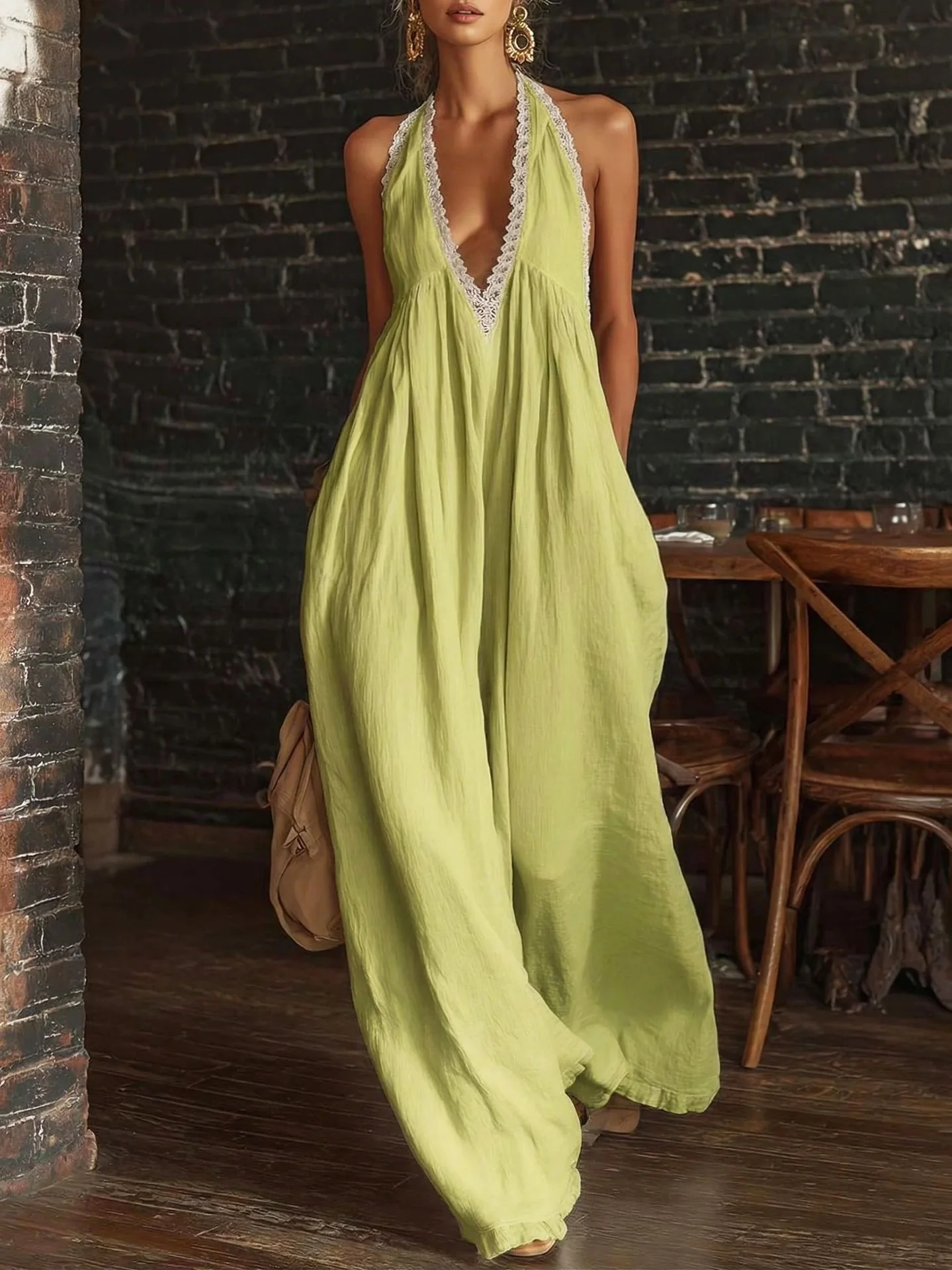 Elegant And Comfortable Lace-trimmed Loose Linen Jumpsuit - Image 7