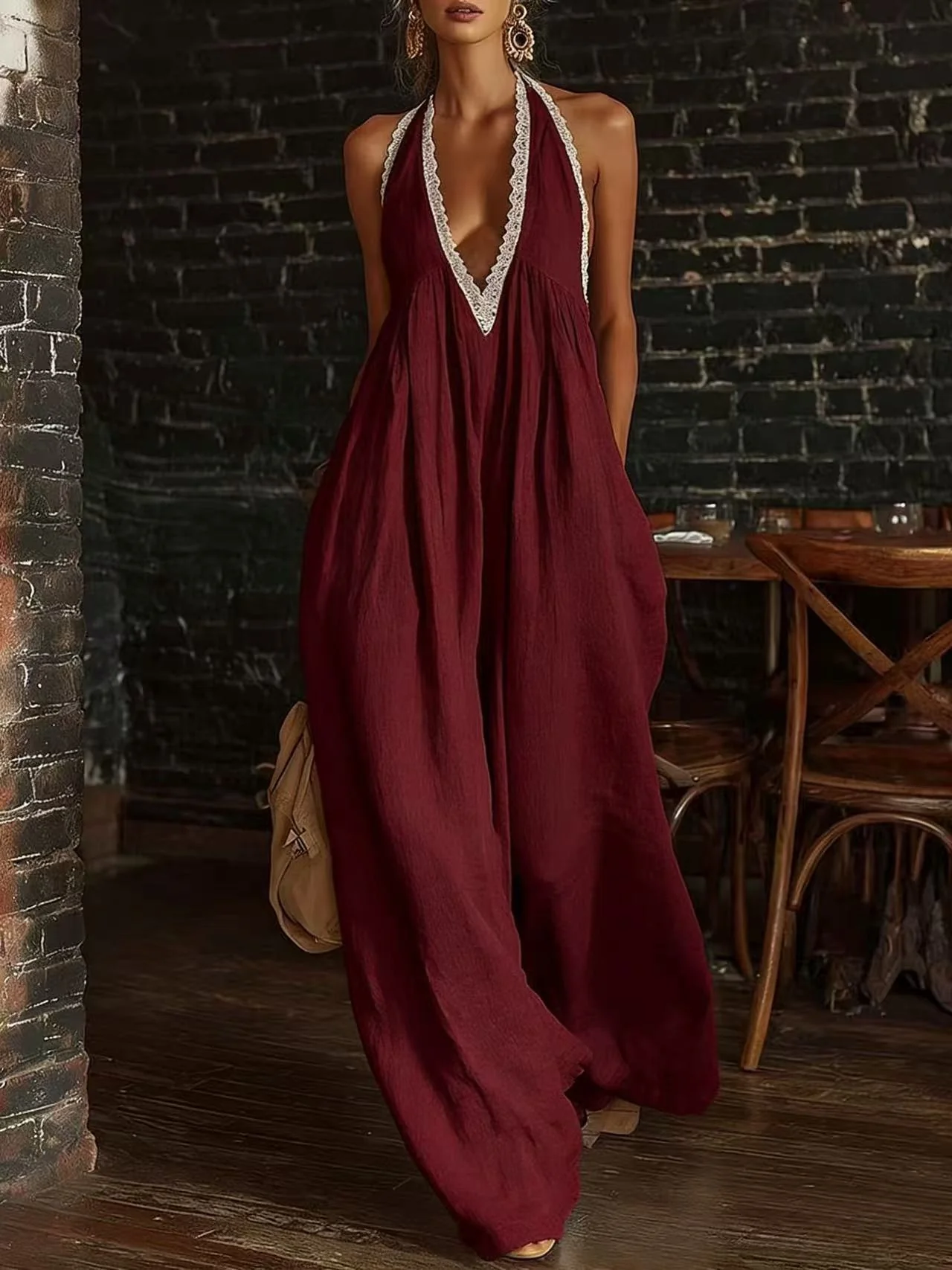 Elegant And Comfortable Lace-trimmed Loose Linen Jumpsuit - Image 8