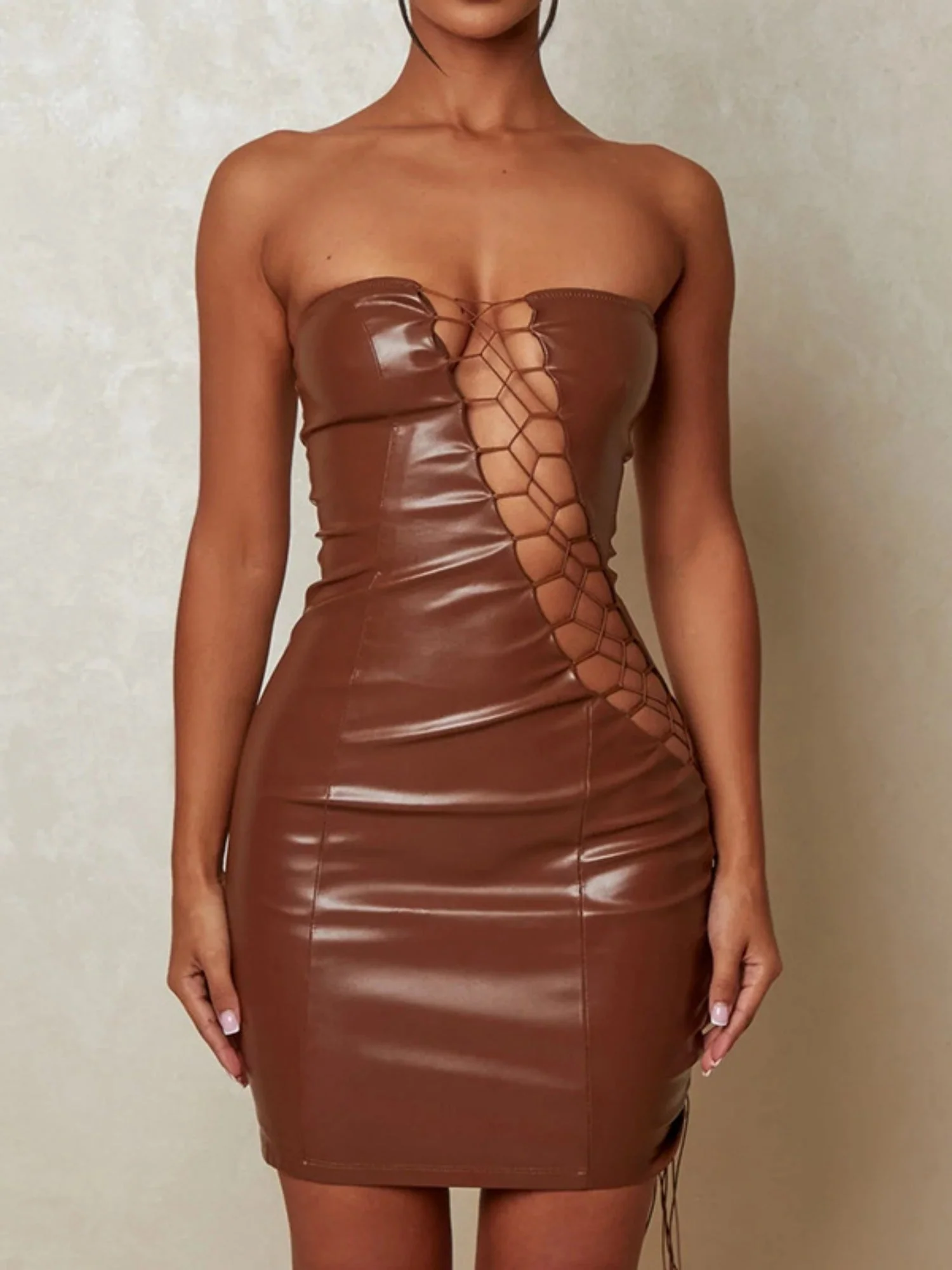 PU Leather Hollow Out Strapless Bra Waist-cinching, Hip-hugging, Bust-shaping Party Mini&Short Dresses