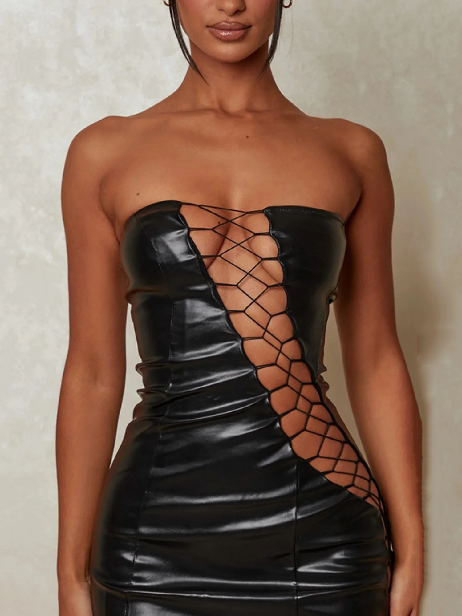 PU Leather Hollow Out Strapless Bra Waist-cinching, Hip-hugging, Bust-shaping Party Mini&Short Dresses - Image 4