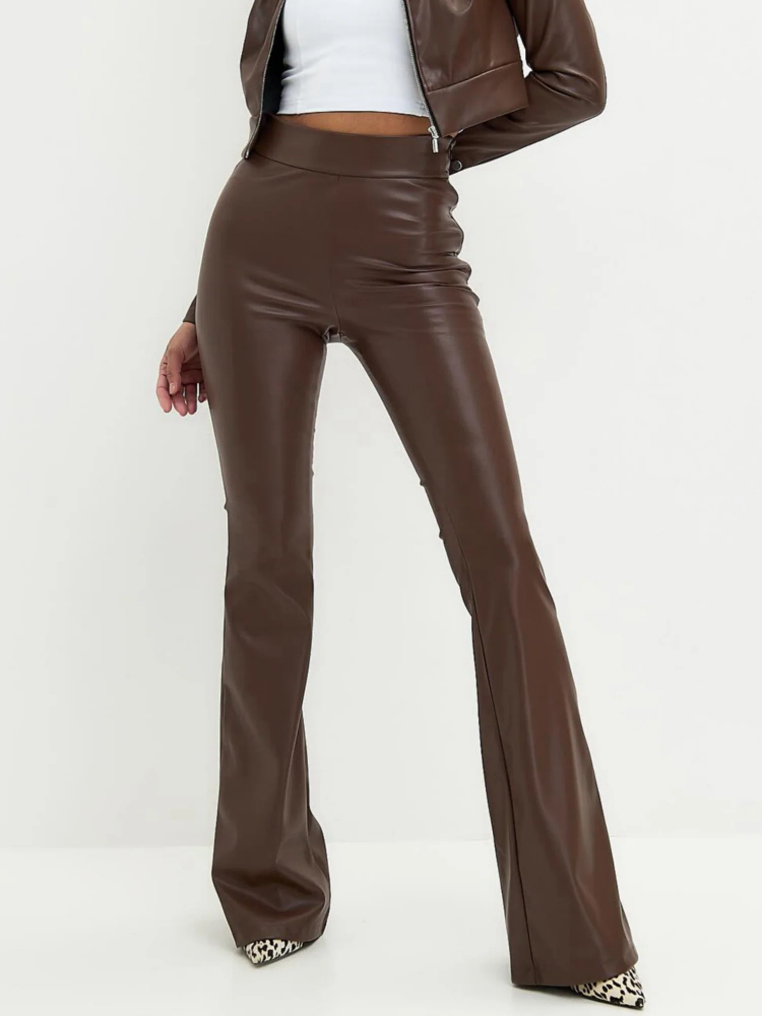 PU Glossy Leather High-waisted Flared Pants - Image 6