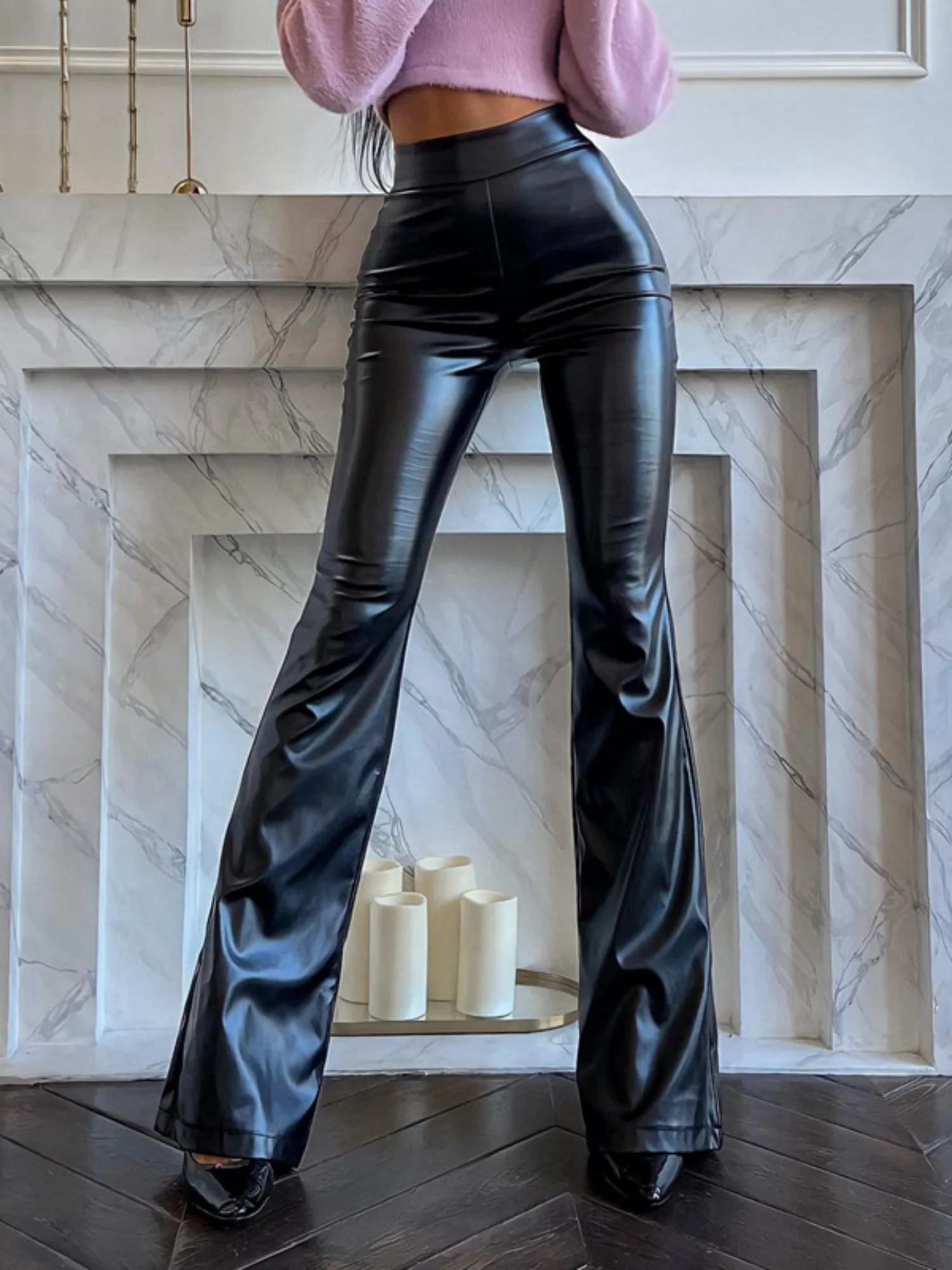 PU Leather High-waisted Flared Pants Pants - Image 3