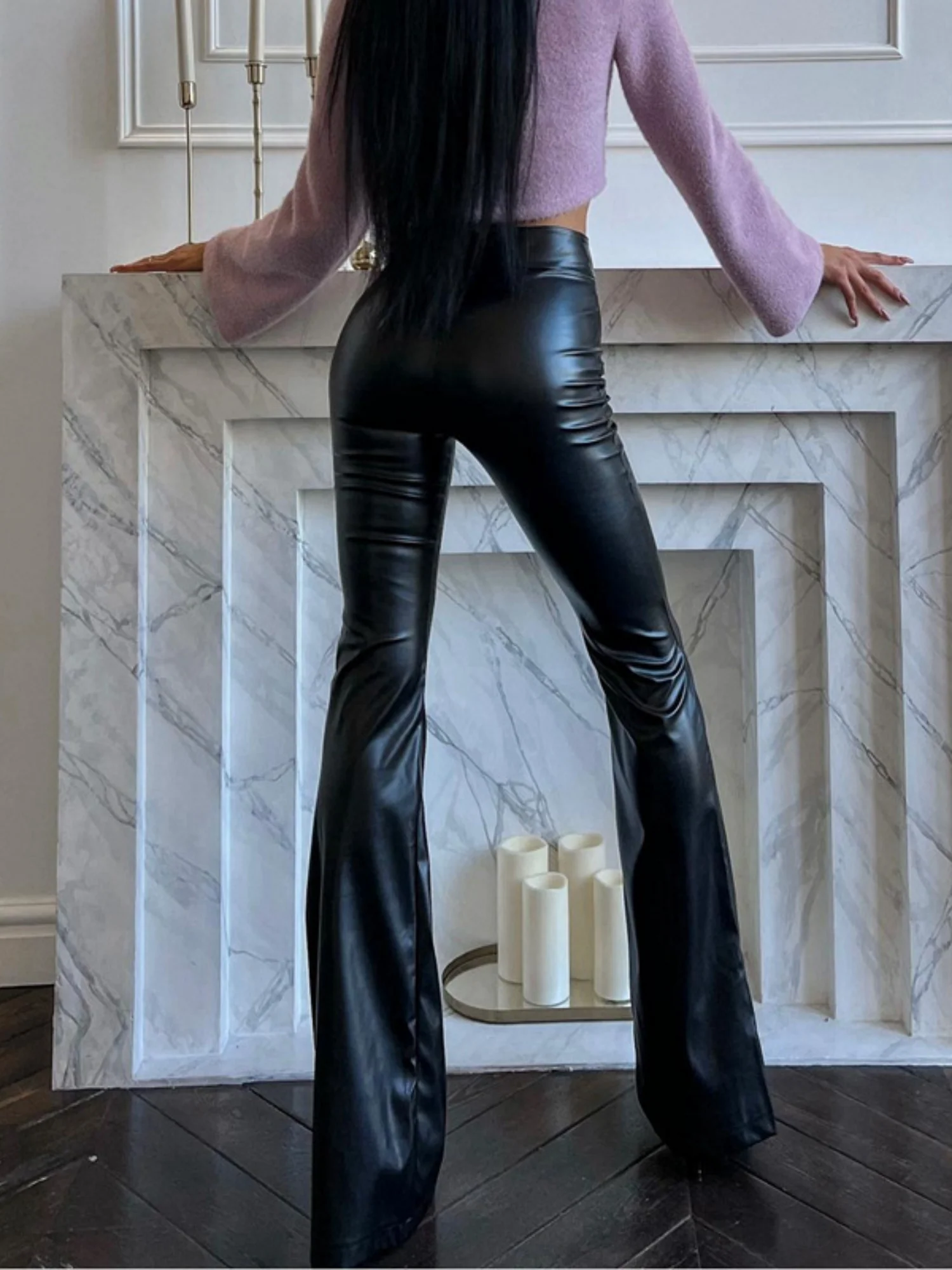 PU Leather High-waisted Flared Pants Pants - Image 4