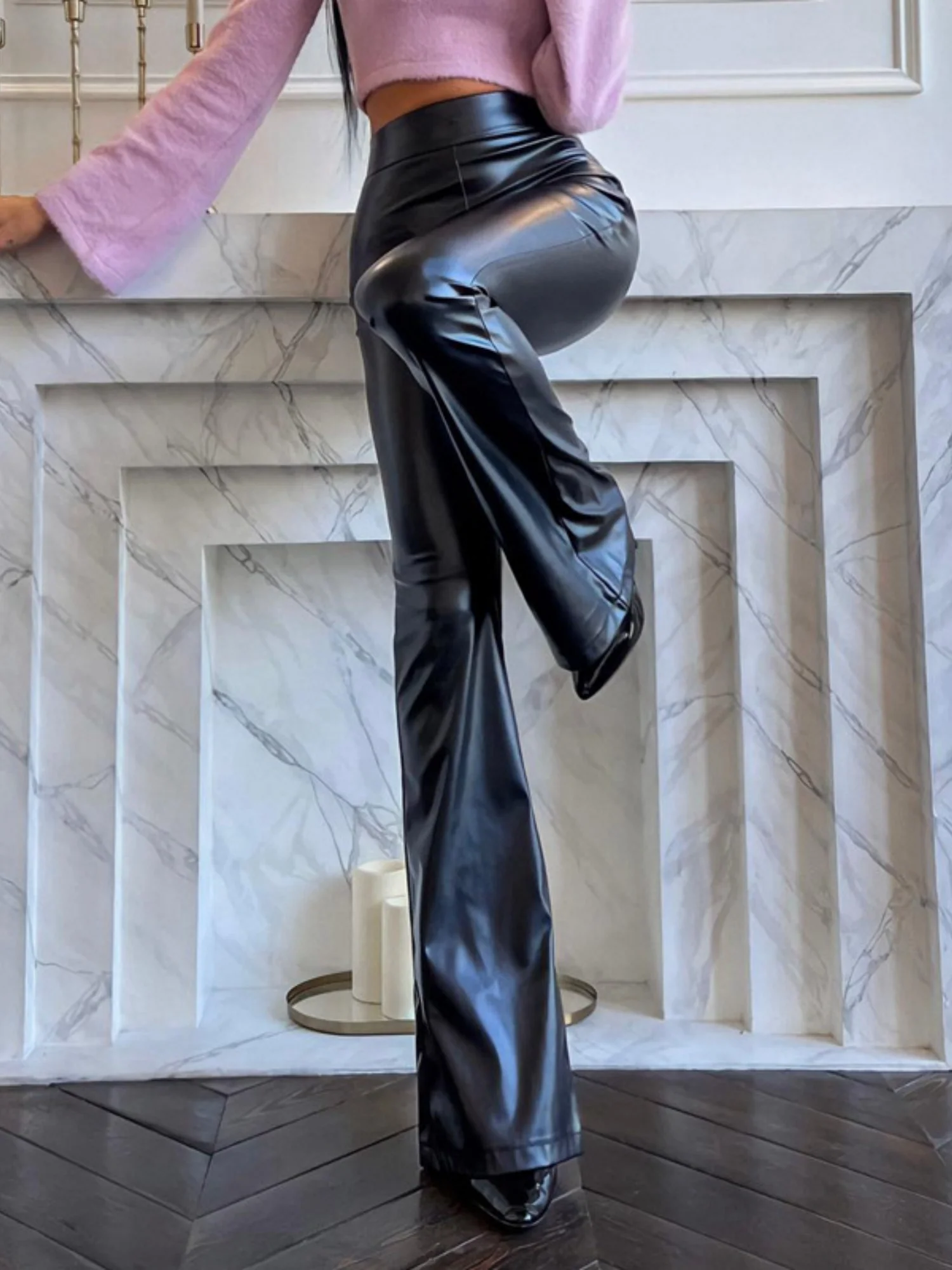 PU Leather High-waisted Flared Pants Pants - Image 7