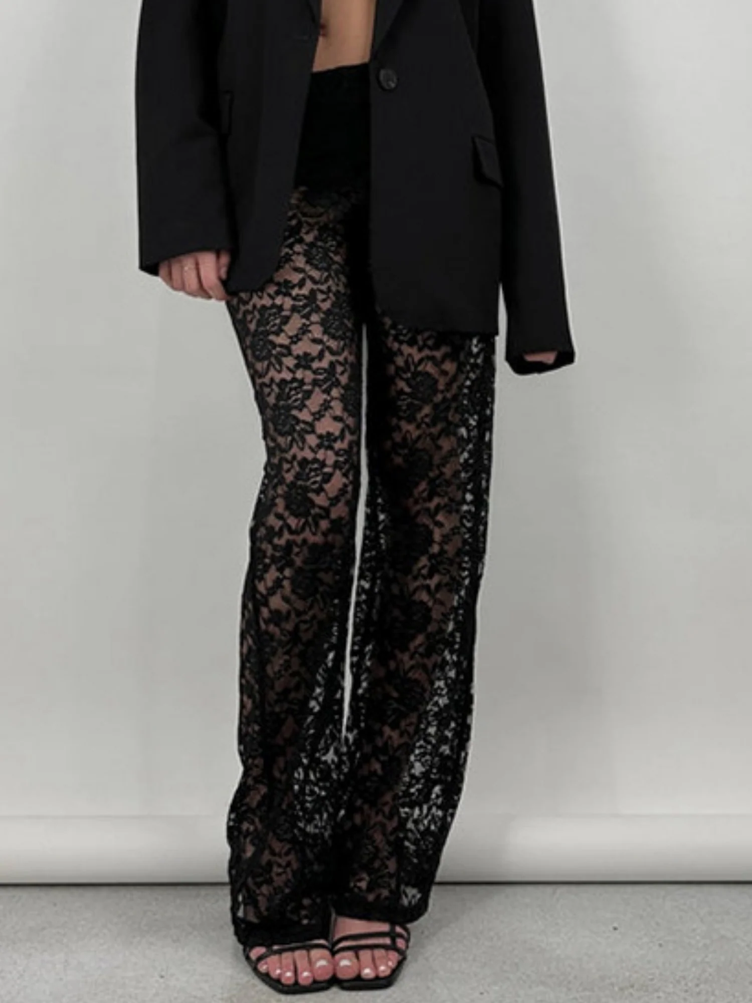 Lace See-through High-waisted Splicing Sexy Mesh High-elasticity Trousers - Image 5