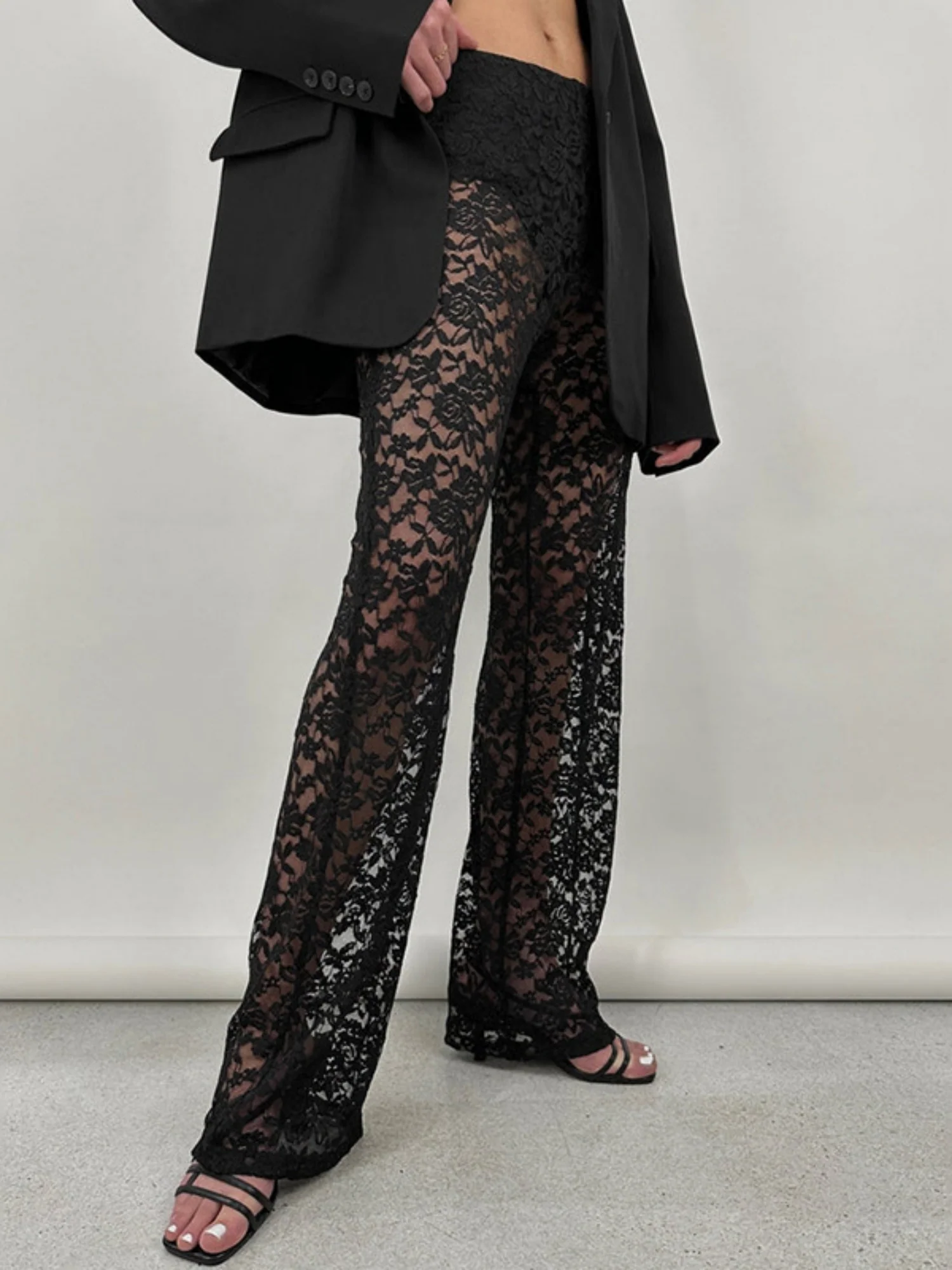 Lace See-through High-waisted Splicing Sexy Mesh High-elasticity Trousers - Image 6
