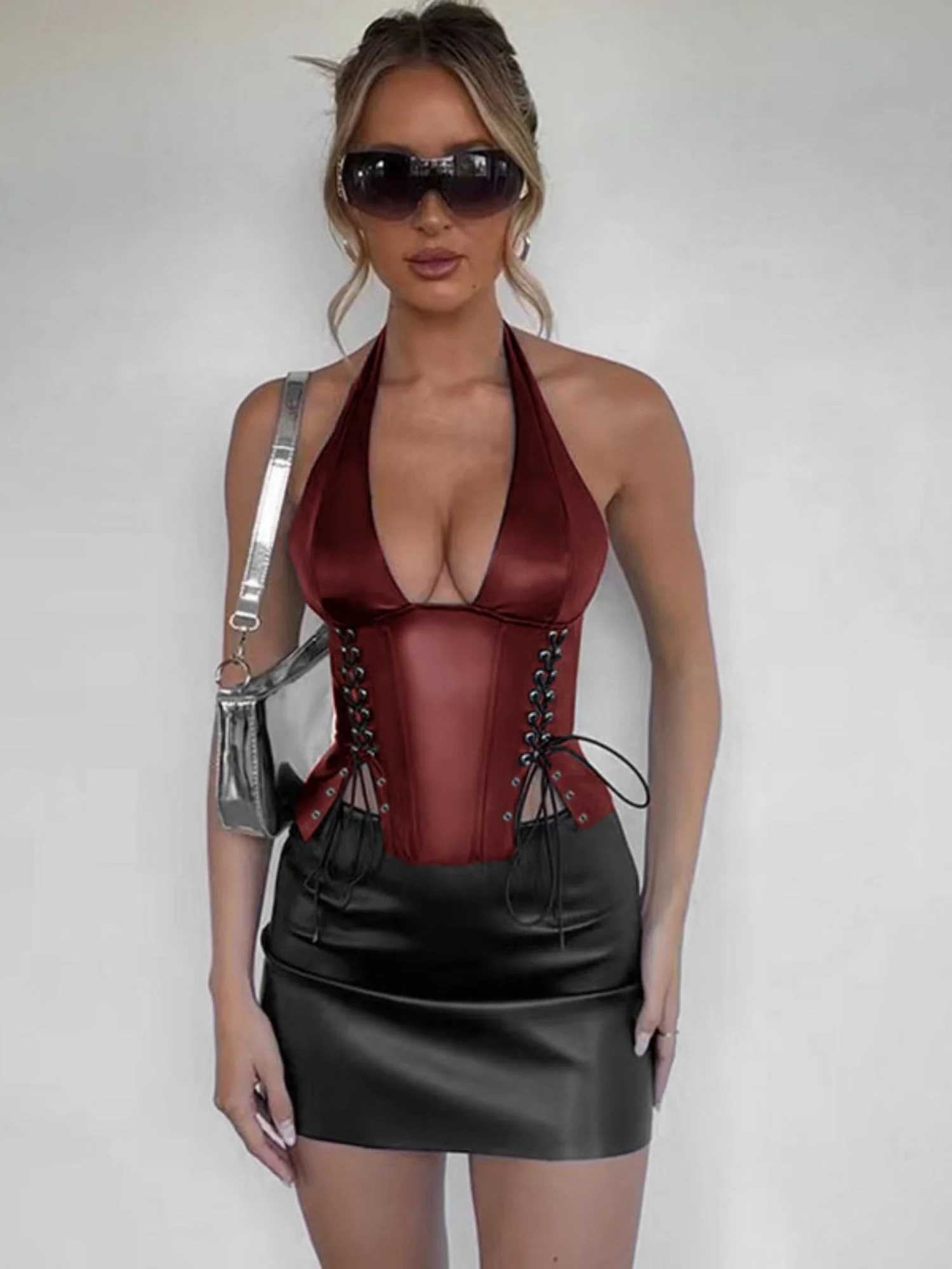 PU Leather Neck Strap Tight Waist Corset Tank Tops&Camis - Image 5