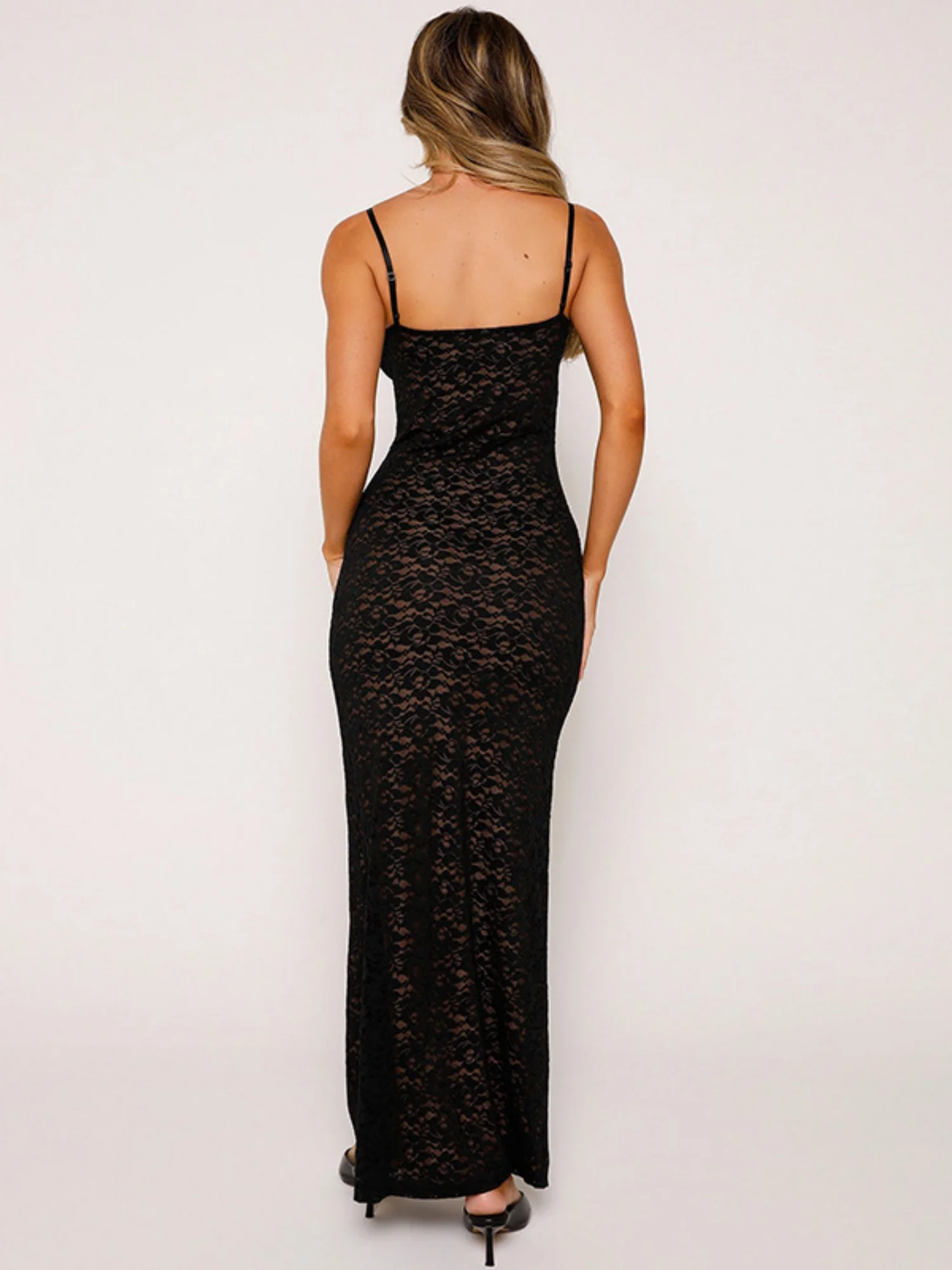 Lace See-through V-neck Camisole Waist-cinching And Hip-hugging Maxi Dresses - Image 5