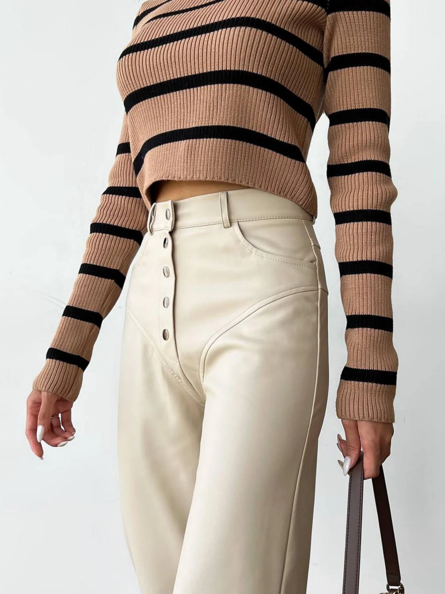 PU Leather Buttons High-waisted Straight-leg Pants Pants - Image 2