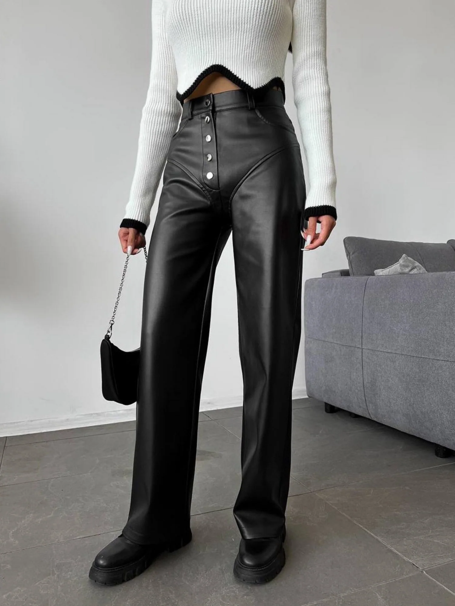 PU Leather Buttons High-waisted Straight-leg Pants Pants - Image 3