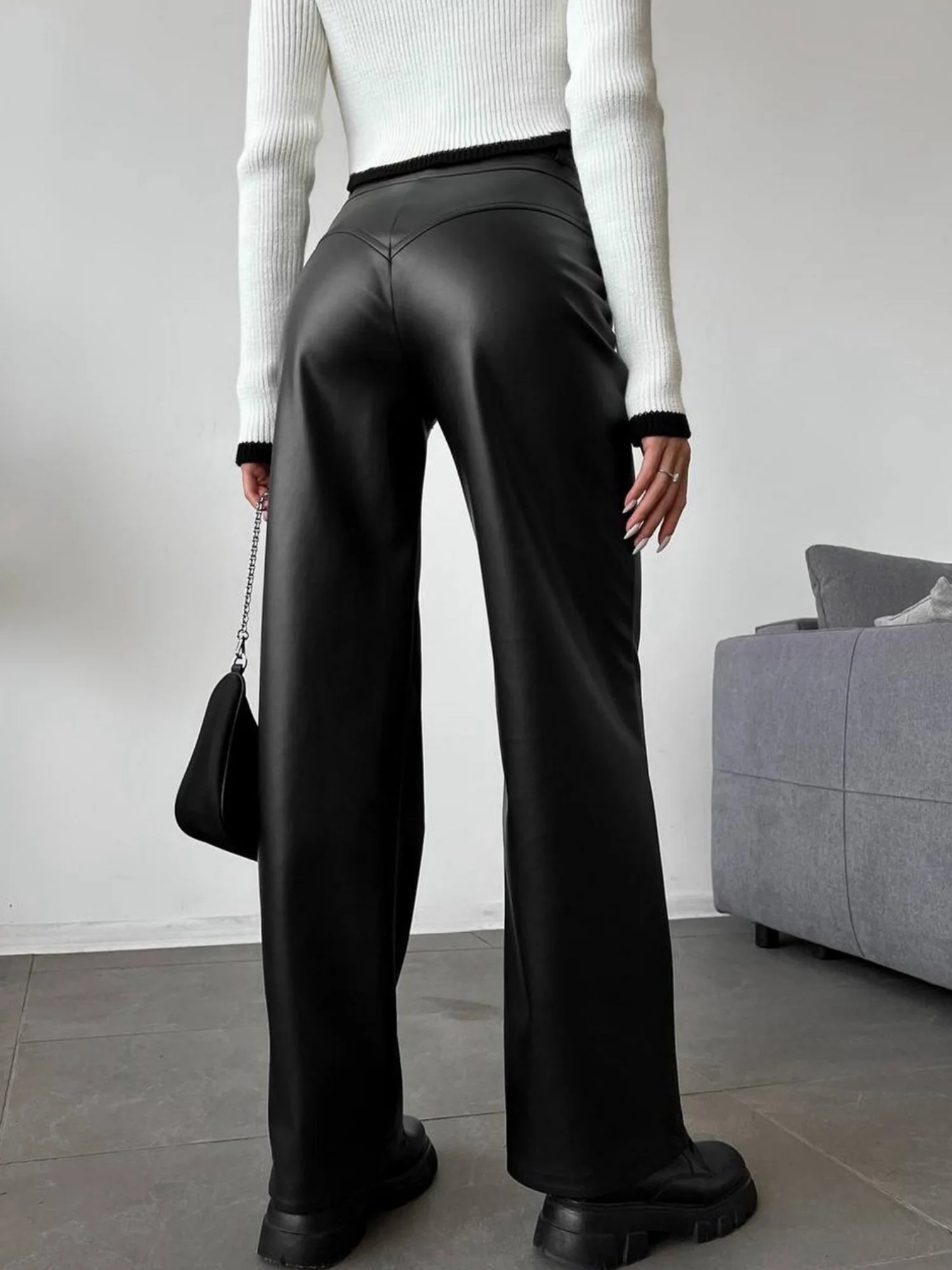 PU Leather Buttons High-waisted Straight-leg Pants Pants - Image 4