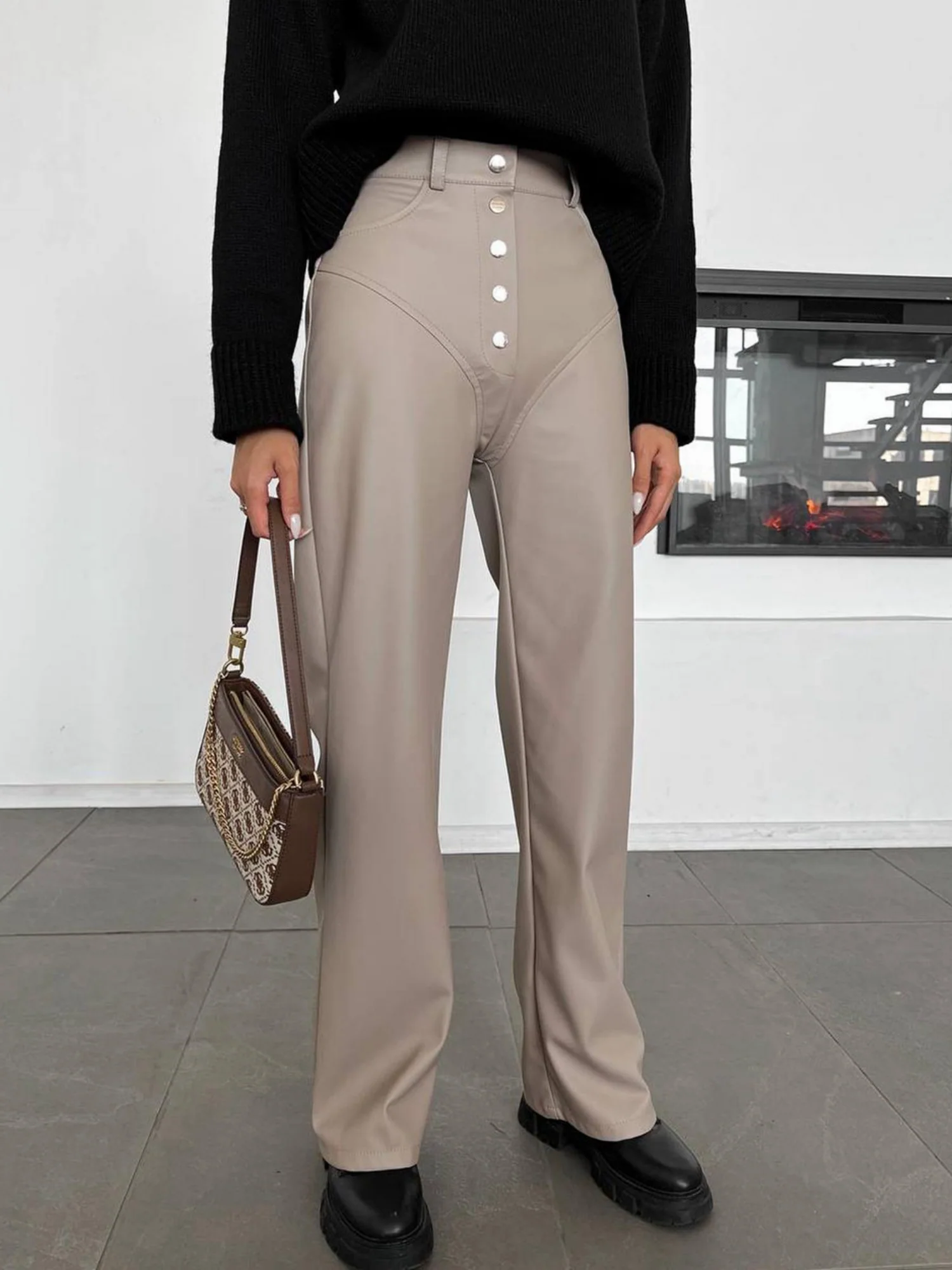 PU Leather Buttons High-waisted Straight-leg Pants Pants - Image 6