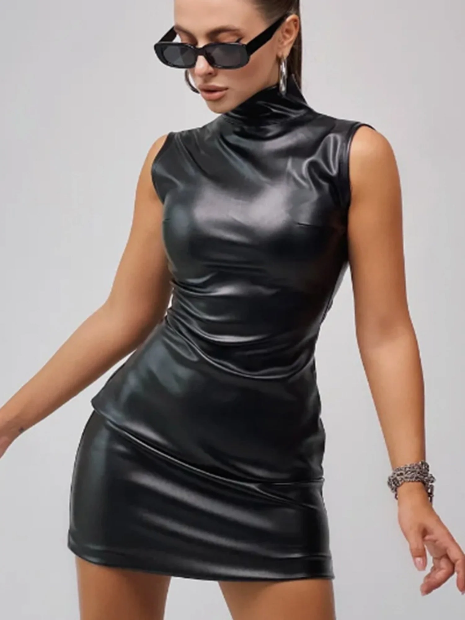 PU Leather Mock Neck Pleated Mini&Short Dresses - Image 3