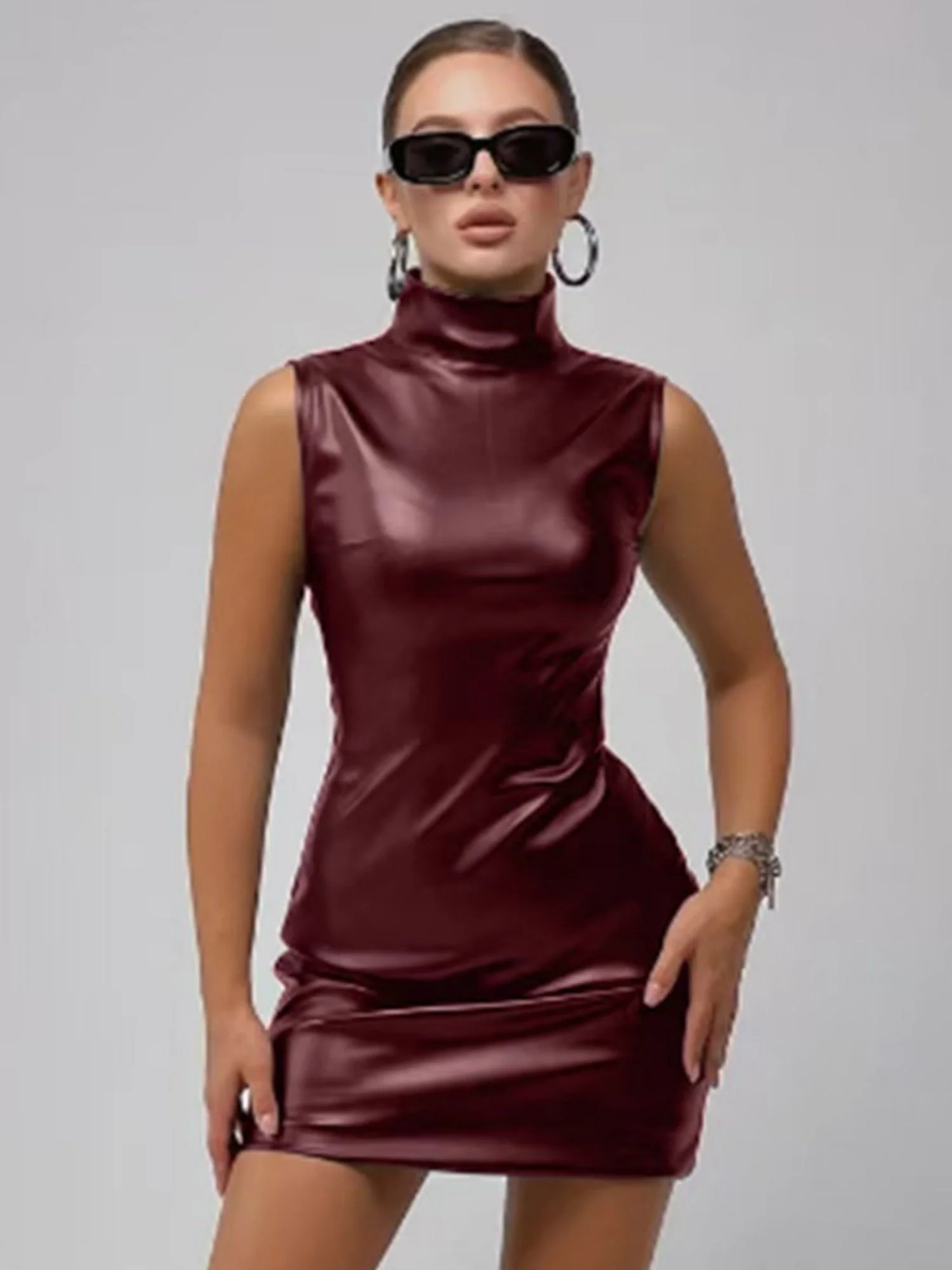 PU Leather Mock Neck Pleated Mini&Short Dresses - Image 4