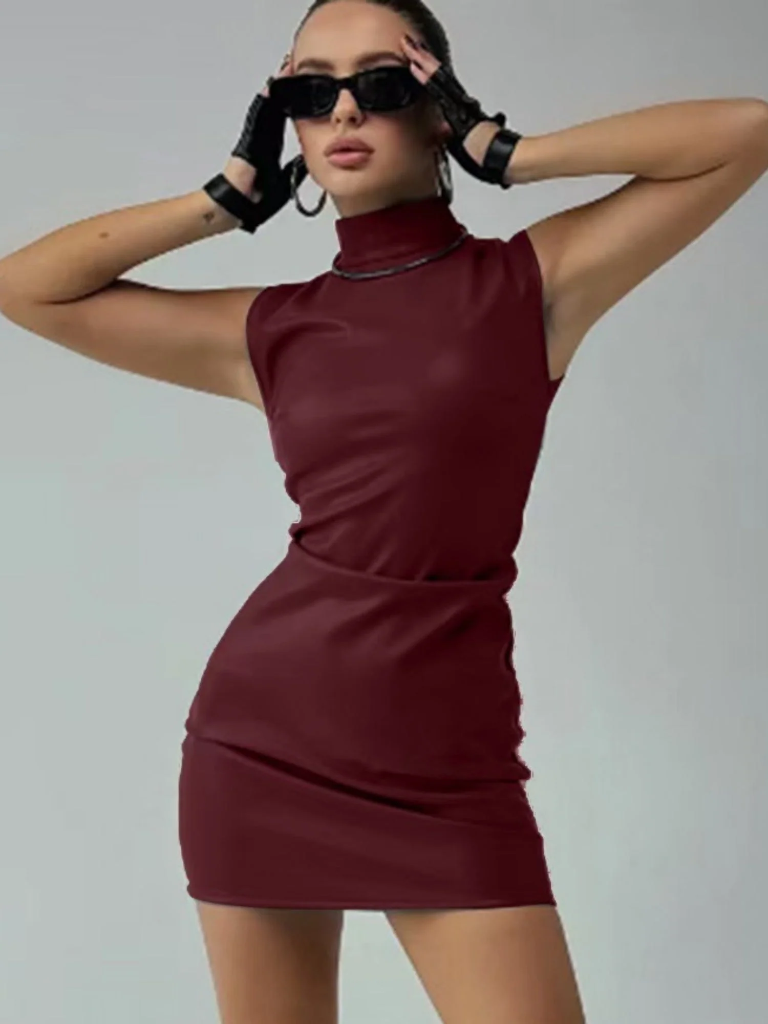 PU Leather Mock Neck Pleated Mini&Short Dresses - Image 6